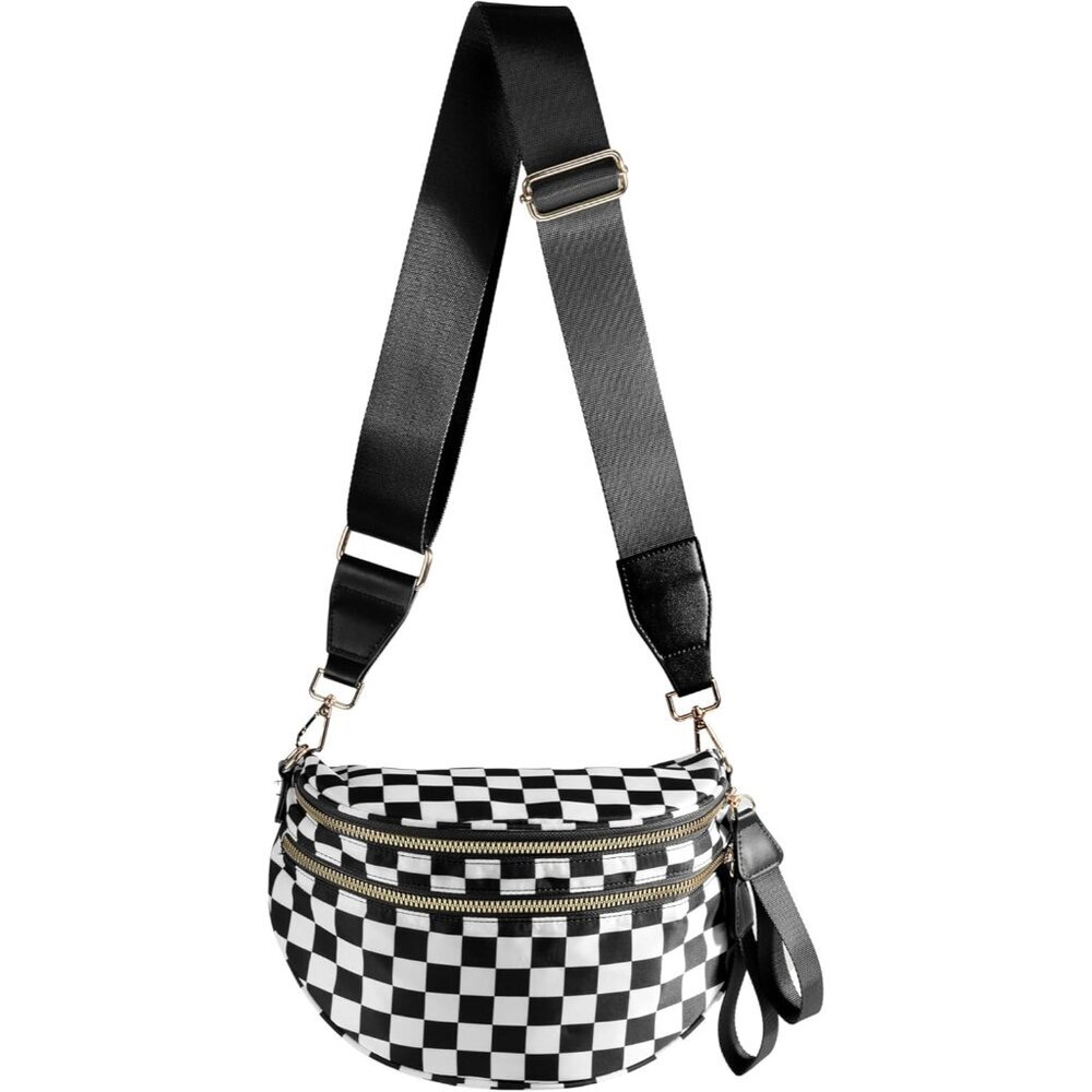 〽️Women's Black White Nylon Checkered Classic Adjustable Straps Crossbody Bag